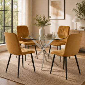 brown ribbed round glass dining set