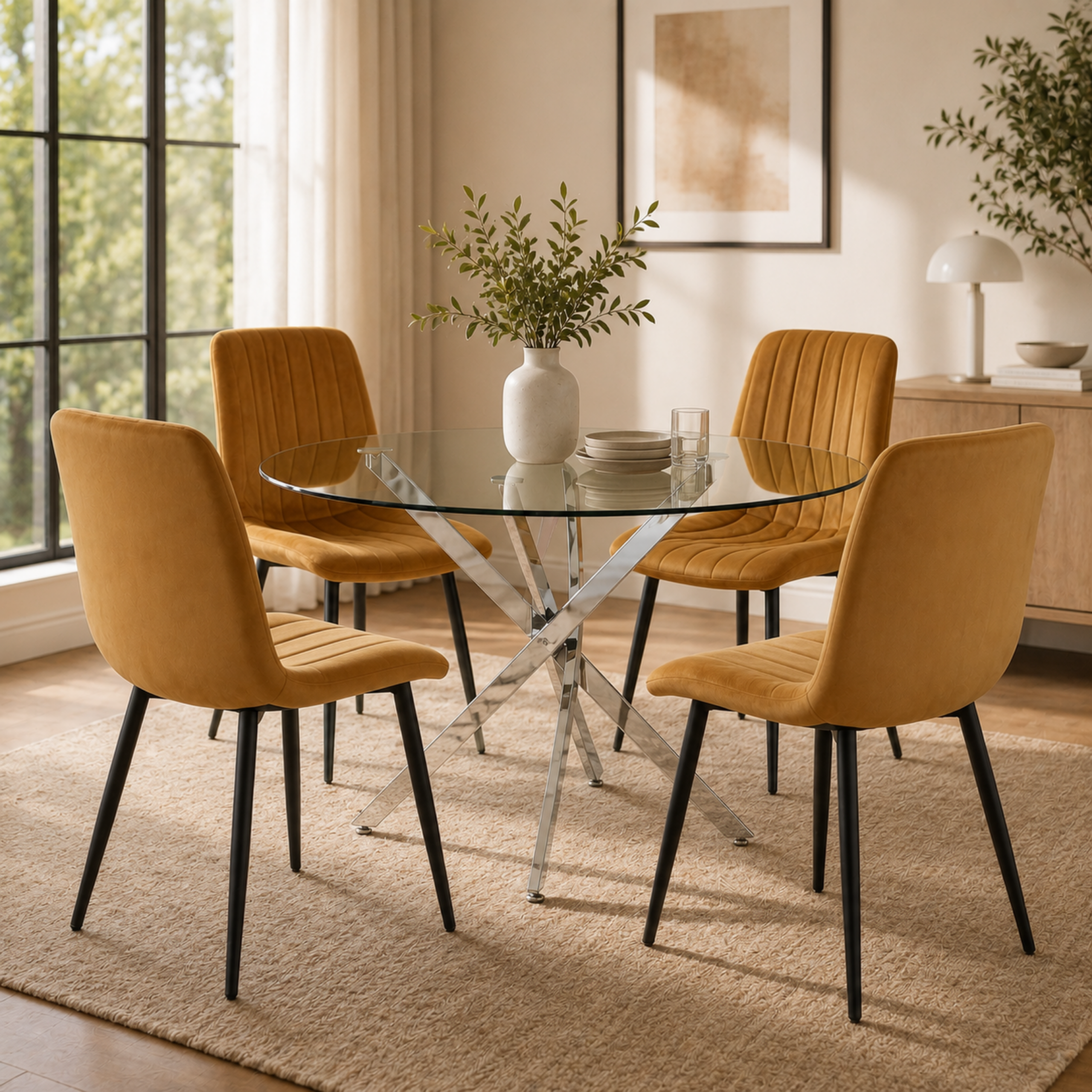 Oira Homes Round Glass Dining Table Set with 4 Brown Velvet Chairs 4 Seater Kitchen and Dining Room Set