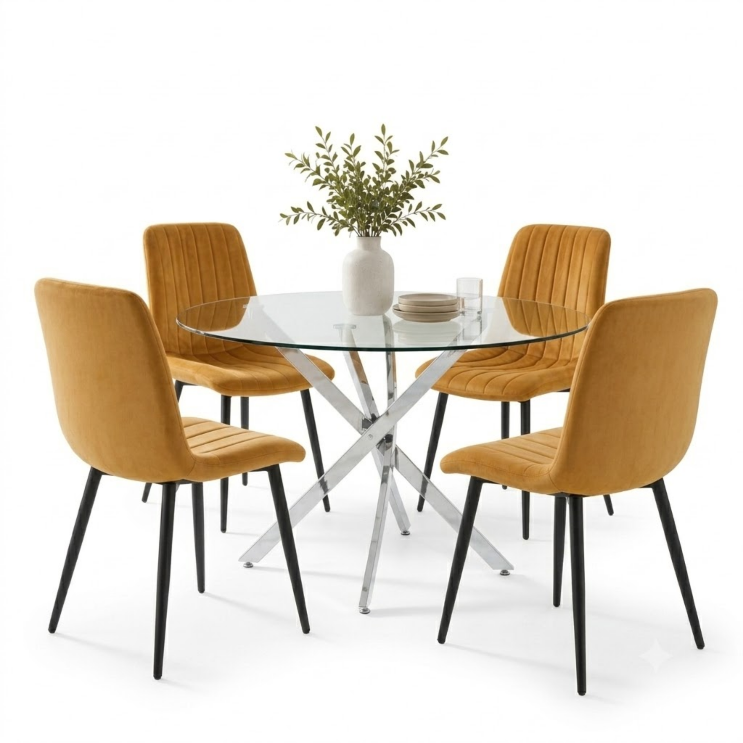 Oira Homes Brown Ribbed Round Glass Dining Set 4-seater round glass dining set with brown ribbed velvet chairs