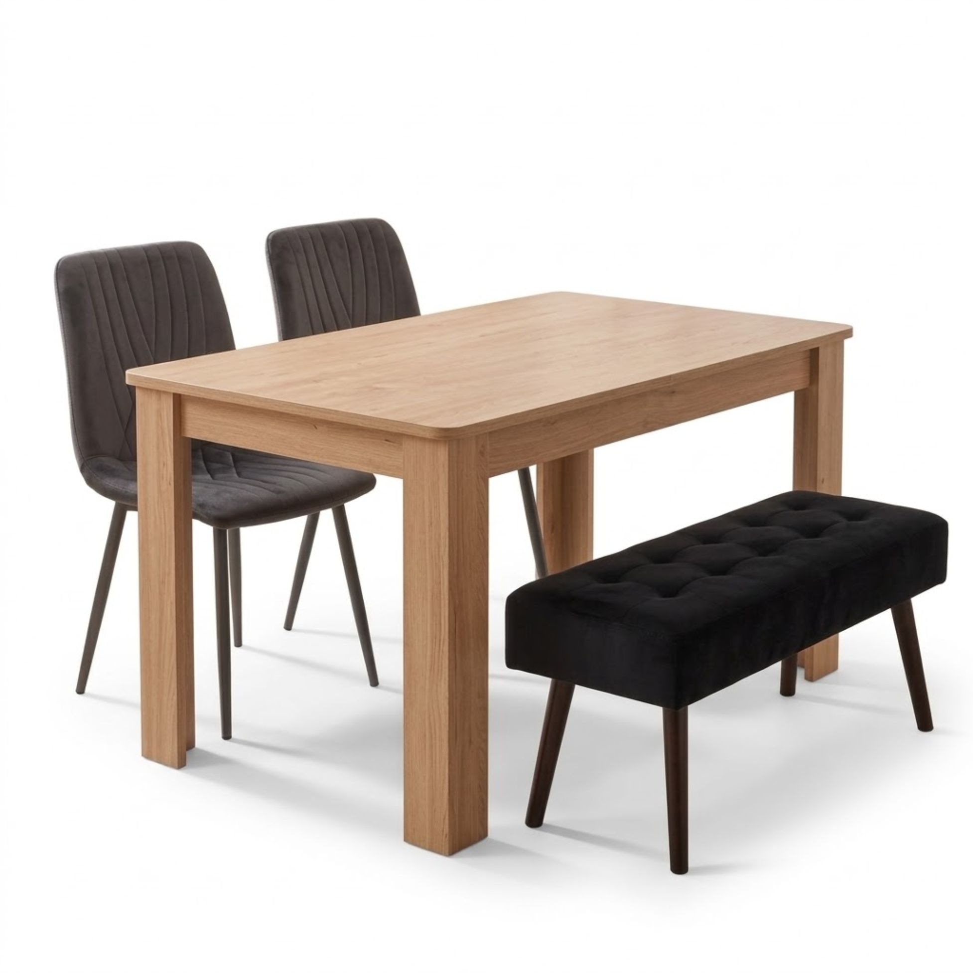 Oira Homes Oak Effect Dining Table Set with 2 Dark Grey Velvet Chairs and Black Velvet Bench 4 Seater Set
