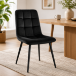 4-seater round glass dining set with black quilted velvet chairs