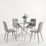 Oira Homes Round Glass Dining Table Set with 4 Grey Velvet Chairs 4 Seater Kitchen and Dining Room Set