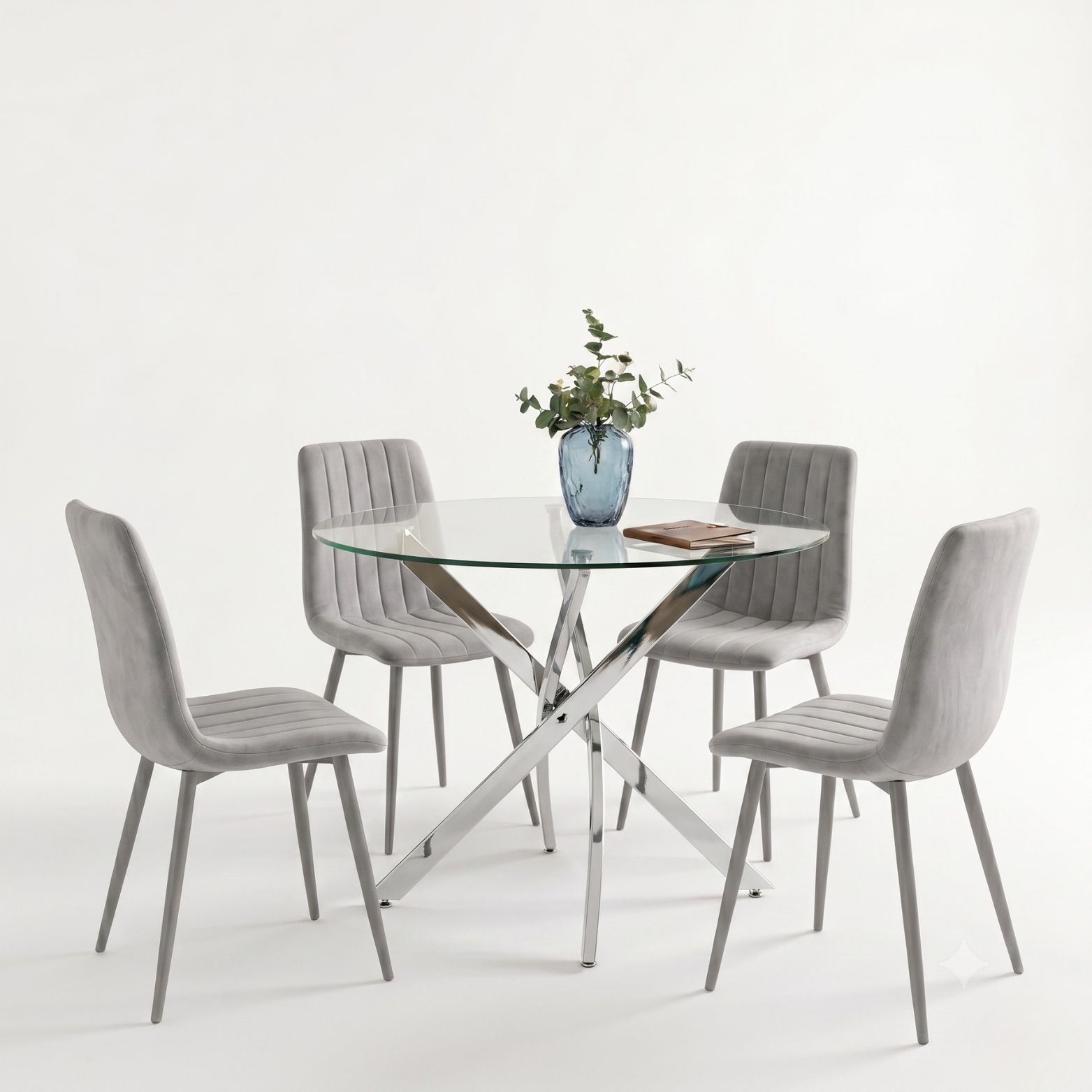 Oira Homes Round Glass Dining Table Set with 4 Grey Velvet Chairs 4 Seater Kitchen and Dining Room Set