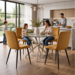4-seater round glass dining set with brown ribbed velvet chairs