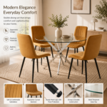 4-seater round glass dining set with brown ribbed velvet chairs