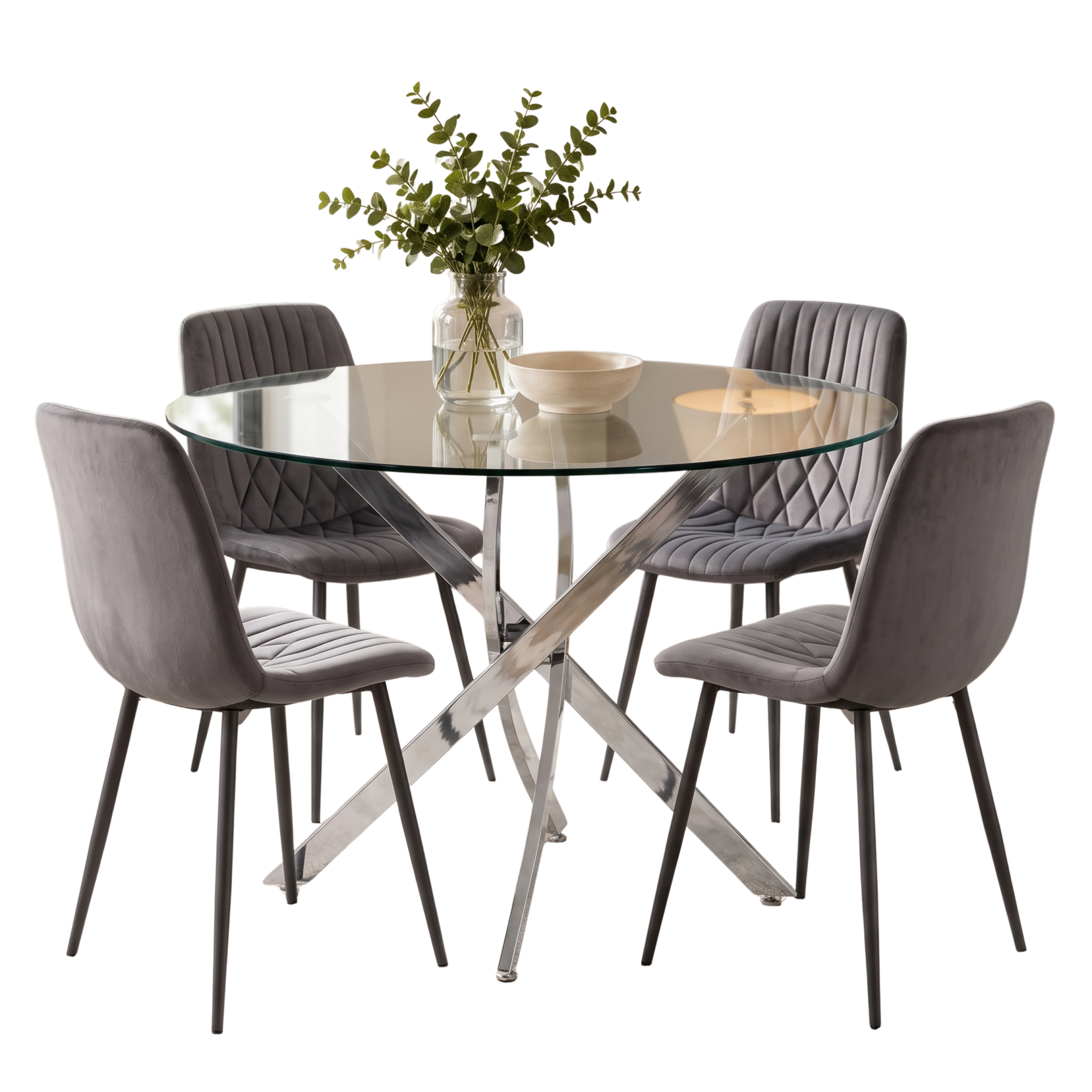 Oira Homes Round Glass Dining Table Set with 4 Dark Grey Velvet Diamond Chairs 4 Seater Kitchen Dining Set