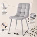4-seater round glass dining set with grey quilted velvet chairs