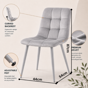 4-seater round glass dining set with grey quilted velvet chairs