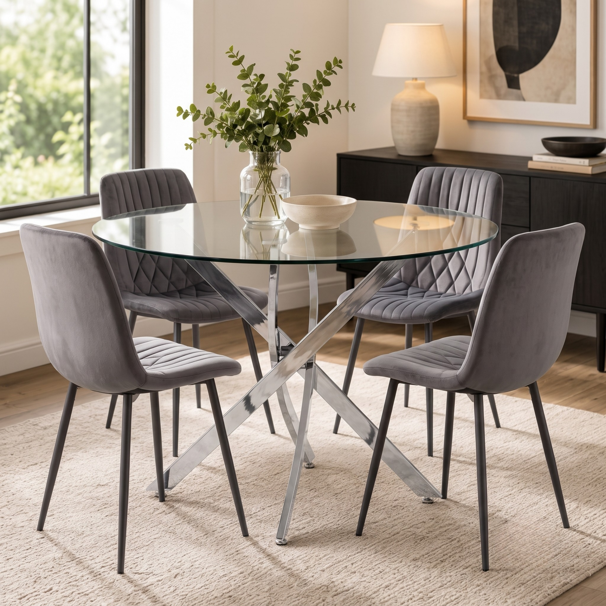 Oira Homes Round Glass Dining Table Set with 4 Dark Grey Velvet Diamond Chairs 4 Seater Kitchen Dining Set