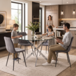 4-seater round glass dining set with dark grey diamond-ribbed velvet chairs