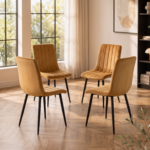 4-seater round glass dining set with brown ribbed velvet chairs
