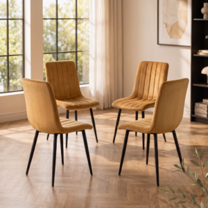 4-seater round glass dining set with brown ribbed velvet chairs