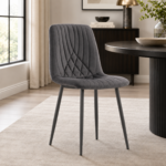 4-seater round glass dining set with dark grey diamond-ribbed velvet chairs
