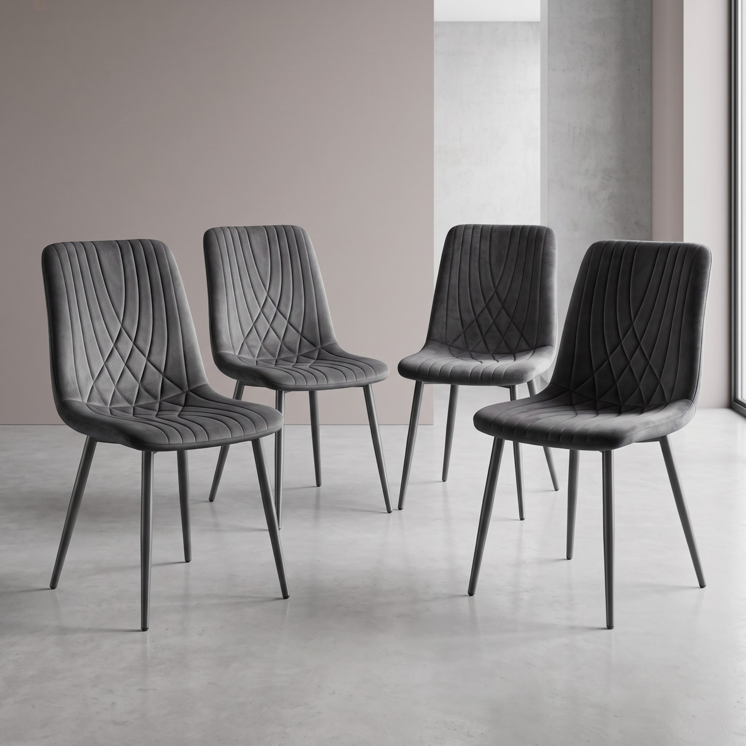 Modern Dark Grey Milo 4 Velvet Dining Chairs Modern Diamond Ribbed Kitchen Dining Chairs