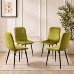 Oira Homes Round Glass Dining Table Set with 4 Olive Green Velvet Diamond Chairs 4 Seater Dining Room Set - Image 3