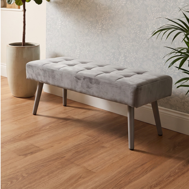 Oira Homes Grey Nova Tufted Velvet Dining Bench Padded Square Tufted Kitchen Bench For Dining Room