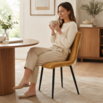 4-seater round glass dining set with brown ribbed velvet chairs