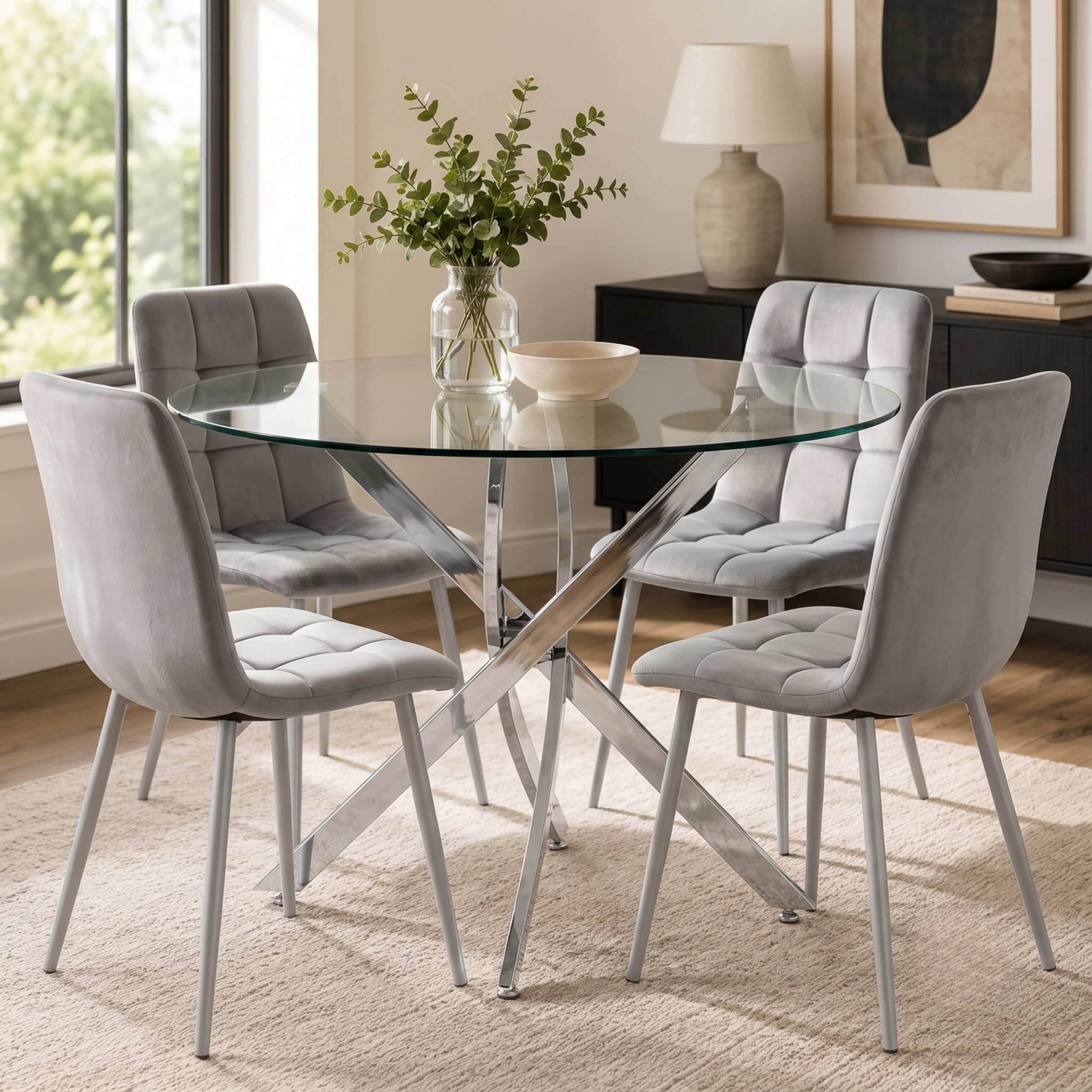 Oira Homes Round Glass Dining Table Set with 4 Grey Nova Velvet Chairs 4 Seater Kitchen and Dining Room Set