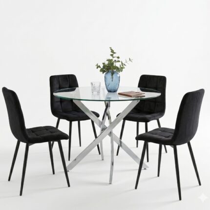black quilted round glass dining set