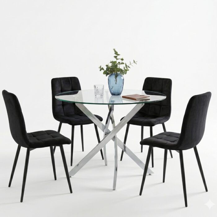 Oira Homes Round Glass Dining Table Set with 4 Black Nova Velvet Chairs 4 Seater Kitchen and Dining Room Set