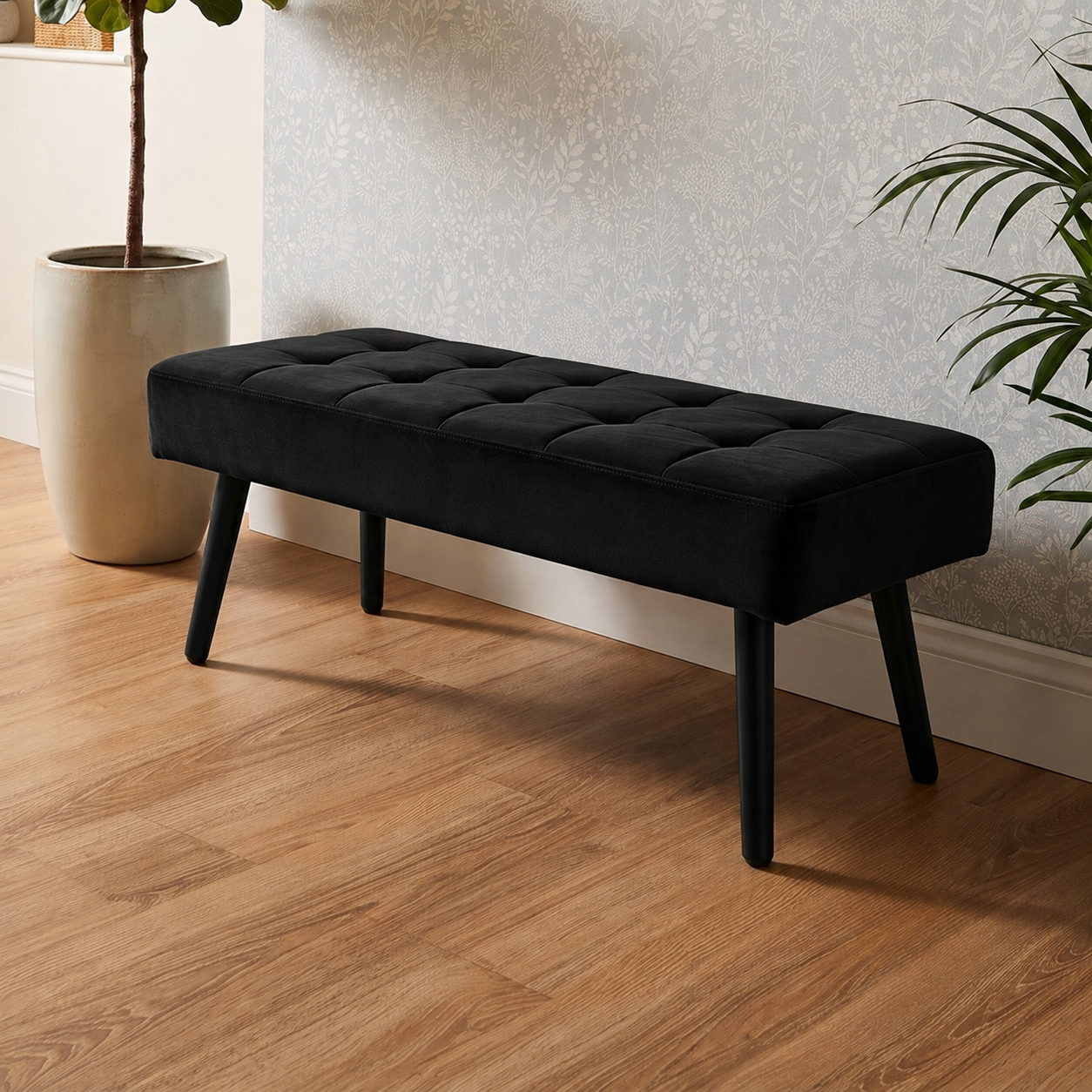 Oira Homes Black Nova Tufted Velvet Dining Bench Padded Square Tufted Kitchen Bench with Black Metal Legs