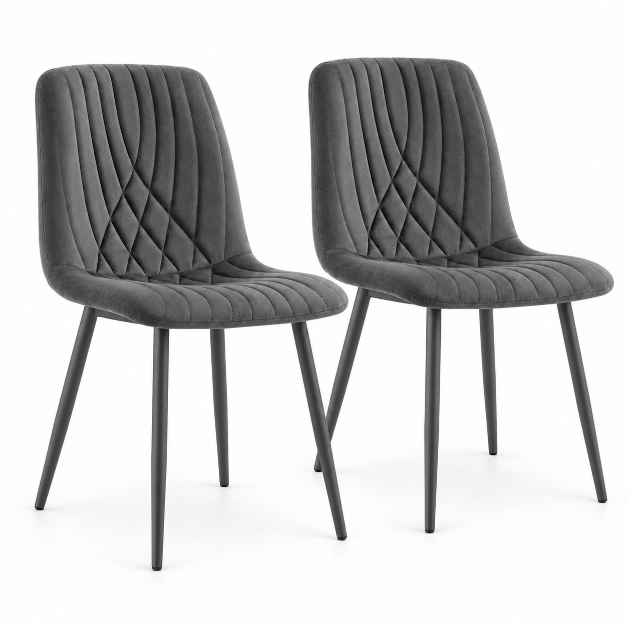 Dark Grey Velvet Dining Chairs Set of 2 Diamond Ribbed Kitchen and Dining Room Chairs