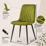 4-seater round glass dining set with olive green diamond-ribbed velvet chairs