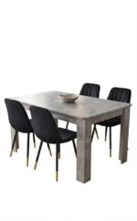 Oira Homes Stone Grey Dining Table Set with 4 Black Velvet Chairs – 4 Seater